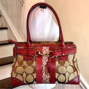 COACH Hampton Signature C Logo Canvas Red Leather Briefcase Shoulder Bag RARE